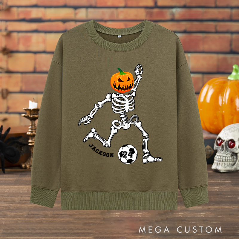 Personalized Halloween Sweatshirt with Skeleton, Pumpkin Head, Soccer Ball, Custom Name, and Number Design