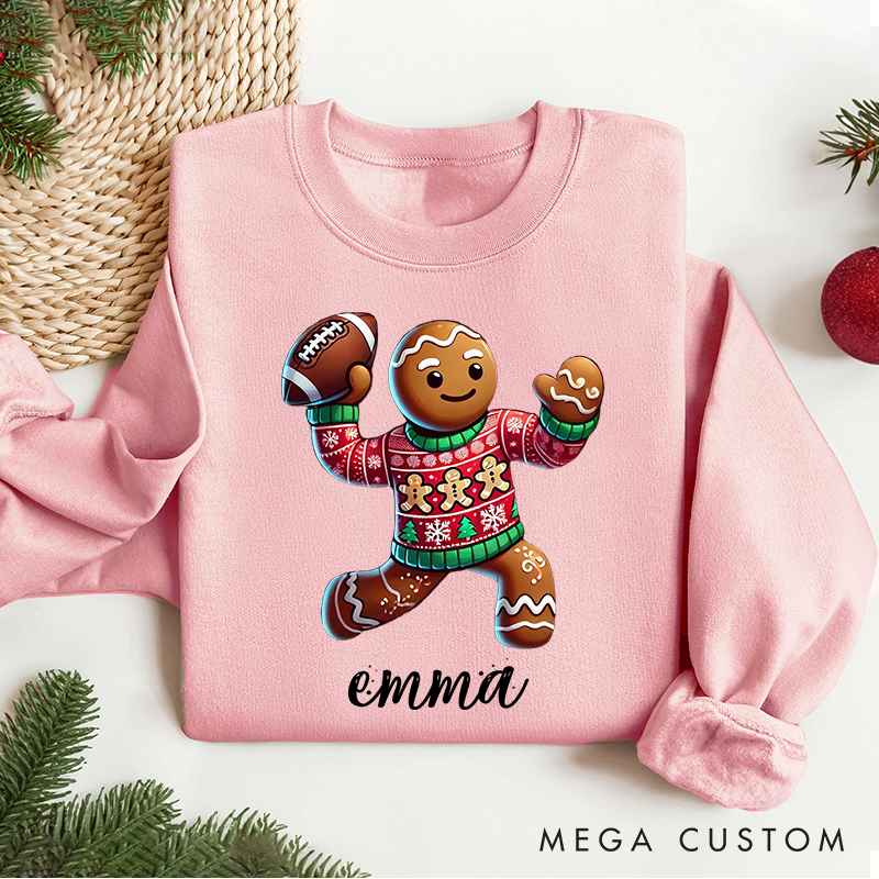 Personalized American Football Gingerbread Design Christmas Sweatshirt with Custom Name