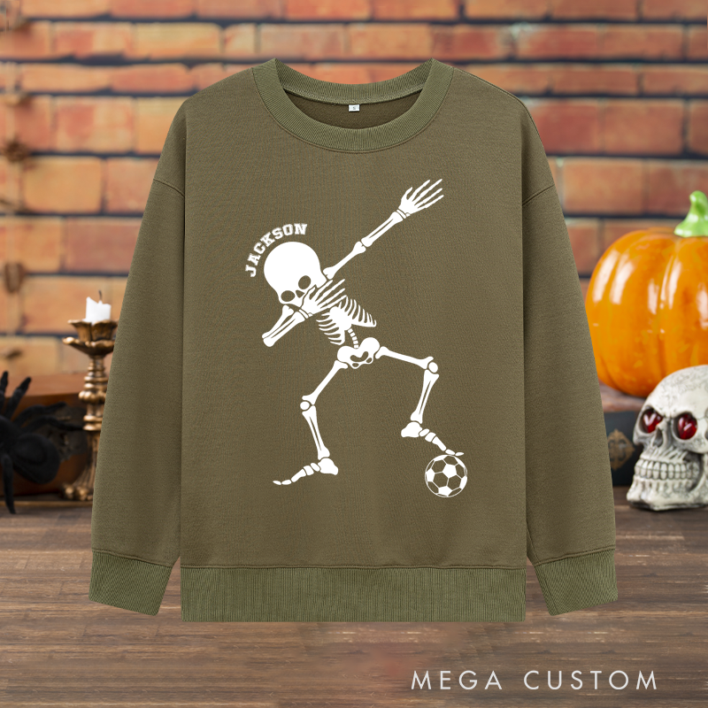Personalized Halloween Sweatshirt with Dabbing Skeleton, Soccer Ball, and Custom Name Design