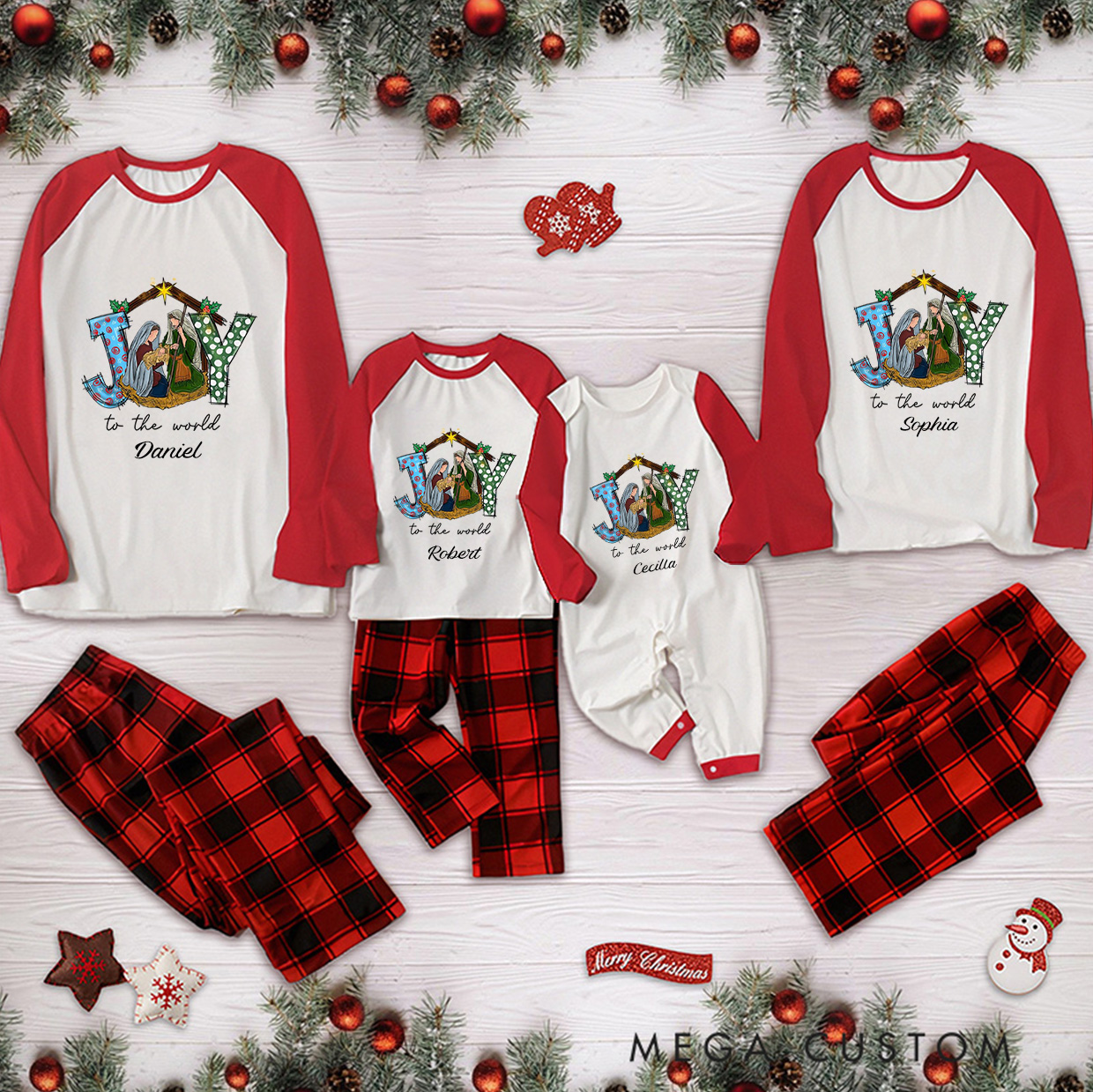 Personalized Joy to World Long Sleeve Family Pajama Matching Set with Name Religious Gift Christmas Gift for Family