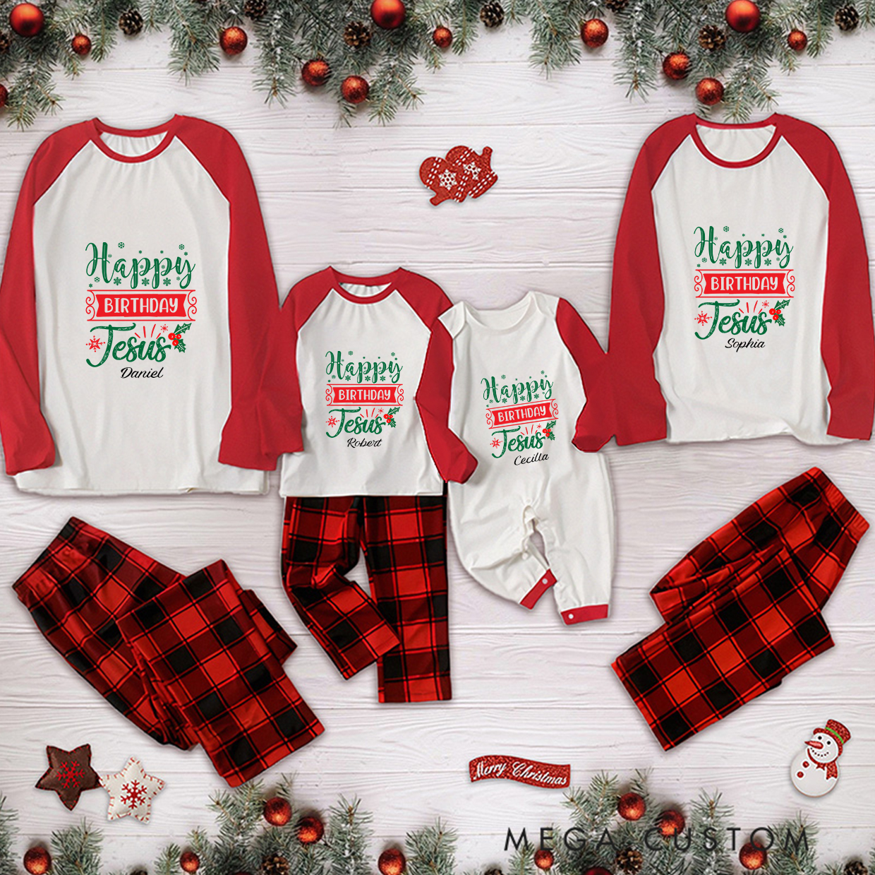 Personalized Festive Happy Birthday Jesus Christmas Family Matching Long Sleeve Pajama with Name Religious Gift for Family