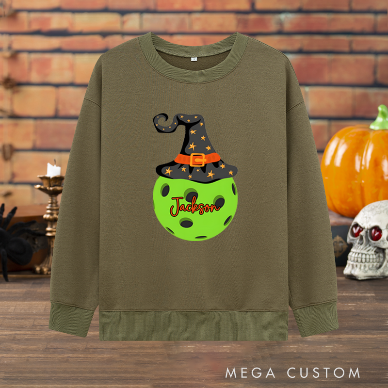Personalized Halloween Pickleball Sweatshirt with Witch Hat and Custom Name Design
