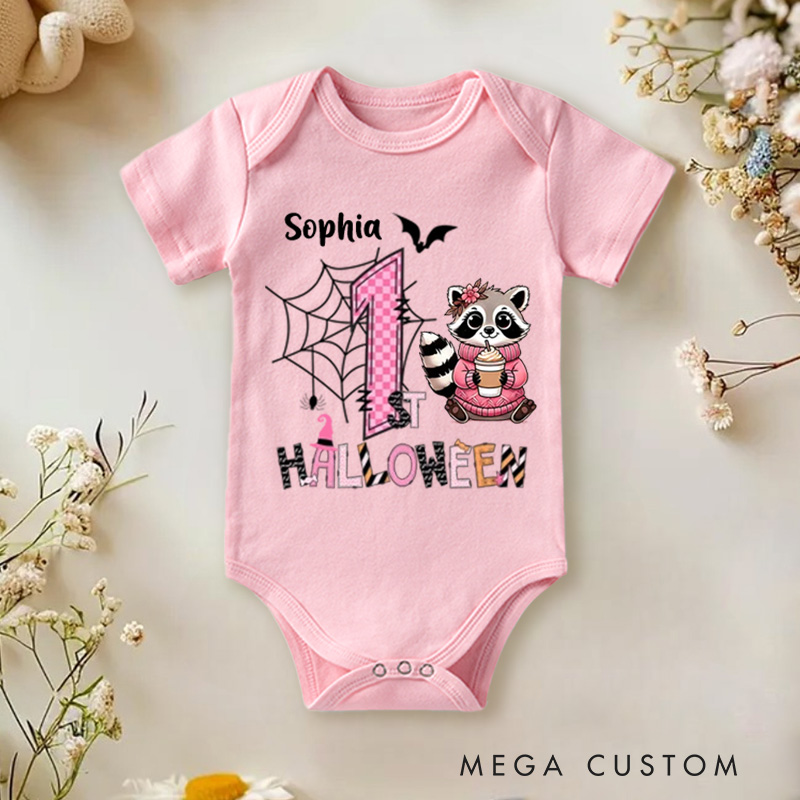 Personalized Cute Peter Rabbit Ghost Raccoon Halloween Elements Baby Bodysuit with Name First Halloween Gift for Newborn