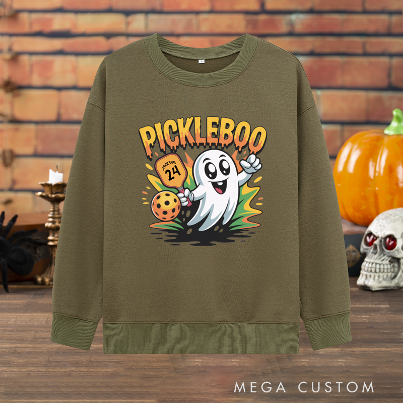 Personalized "Pickleboo" Halloween Pickleball Sweatshirt with Custom Name and Number Design