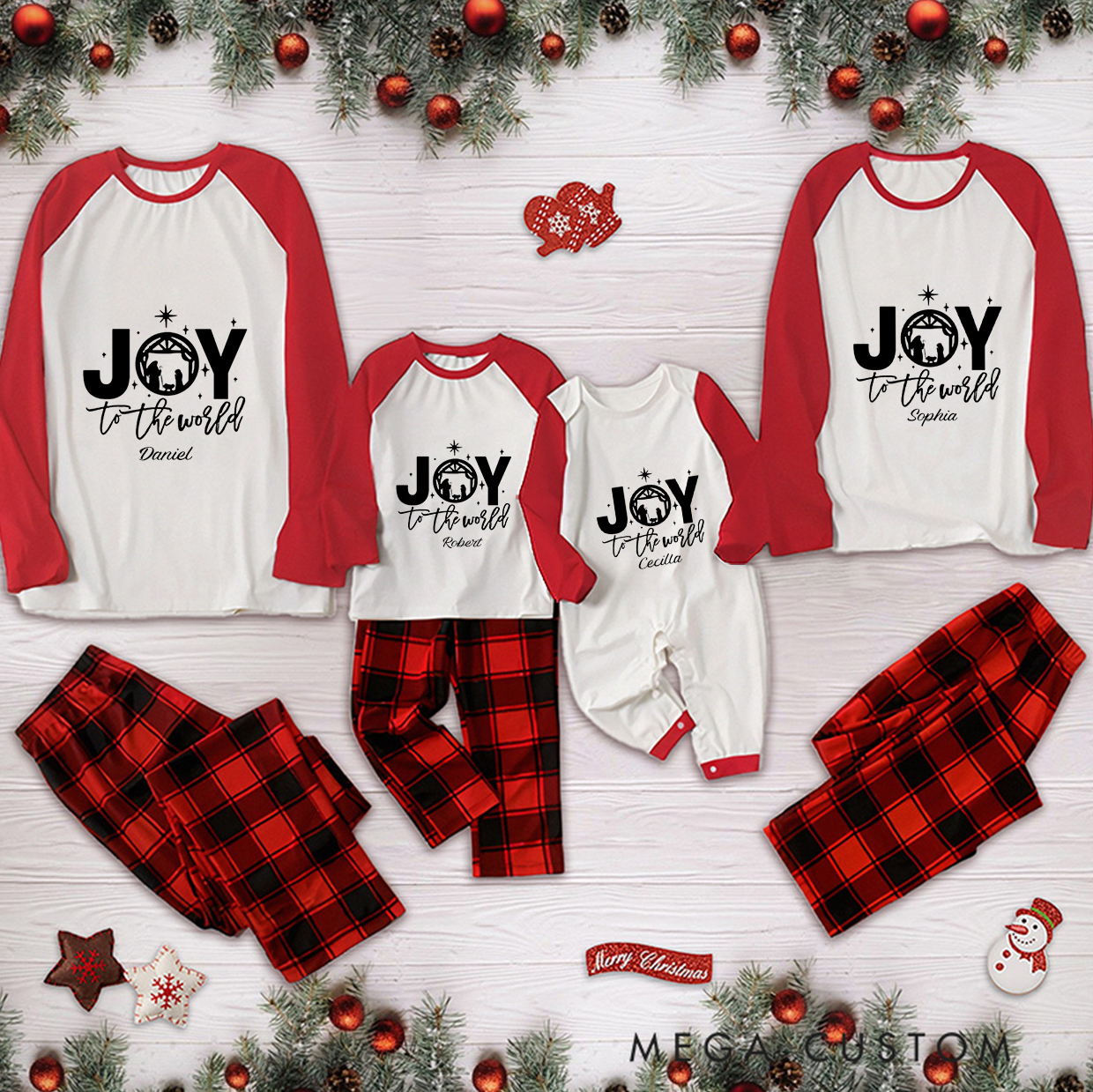 Personalized Joy to the World Christmas Family Matching Long Sleeve Pajama with Name Religious Gift for Family