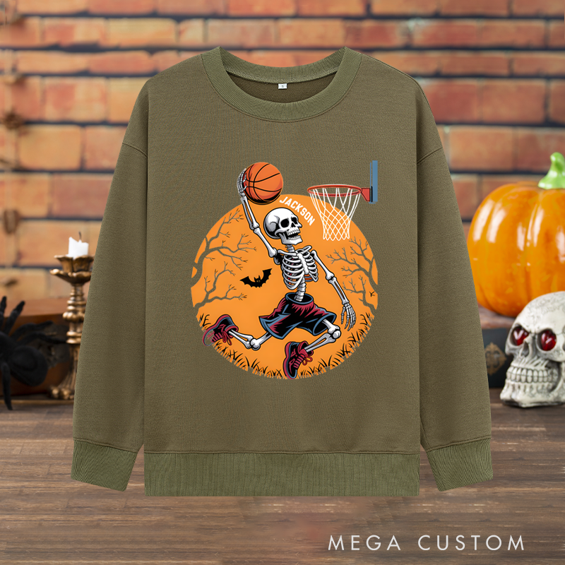 Personalized Halloween Basketball Sweatshirt with Skeleton Dunking Design and Custom Name