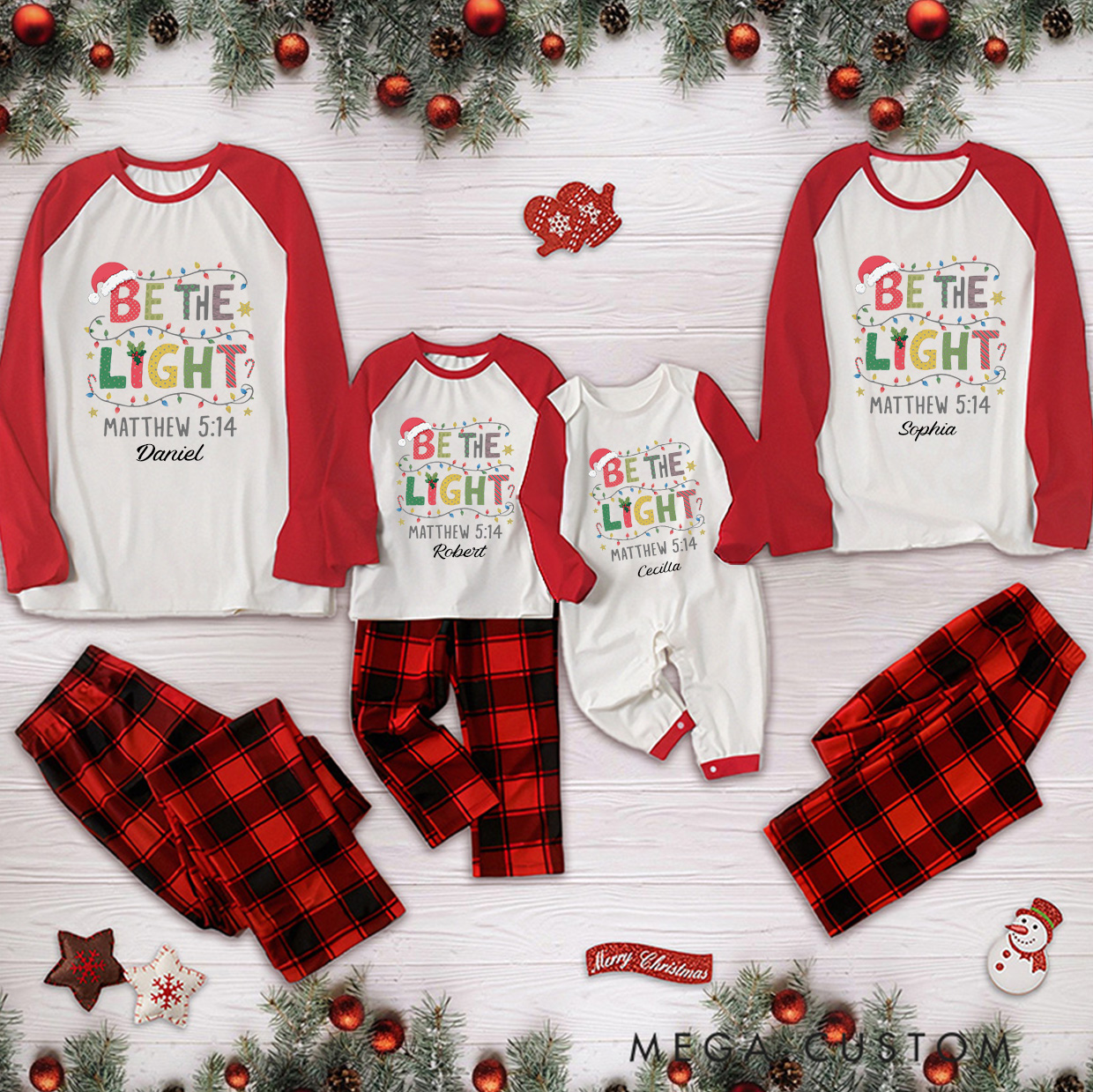 Personalized be the Light Matthew 5:14 Long Sleeve Family Pajama Matching Set with Name Religious Gift Christmas Gift for Family
