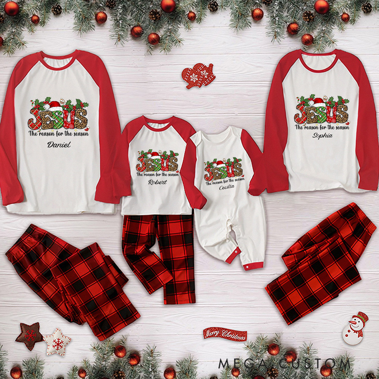 Personalized Jesus is the Reason for the Season Jesus Quotes Long Sleeve Family Pajama Matching Set with Name Religious Gift Christmas Gift