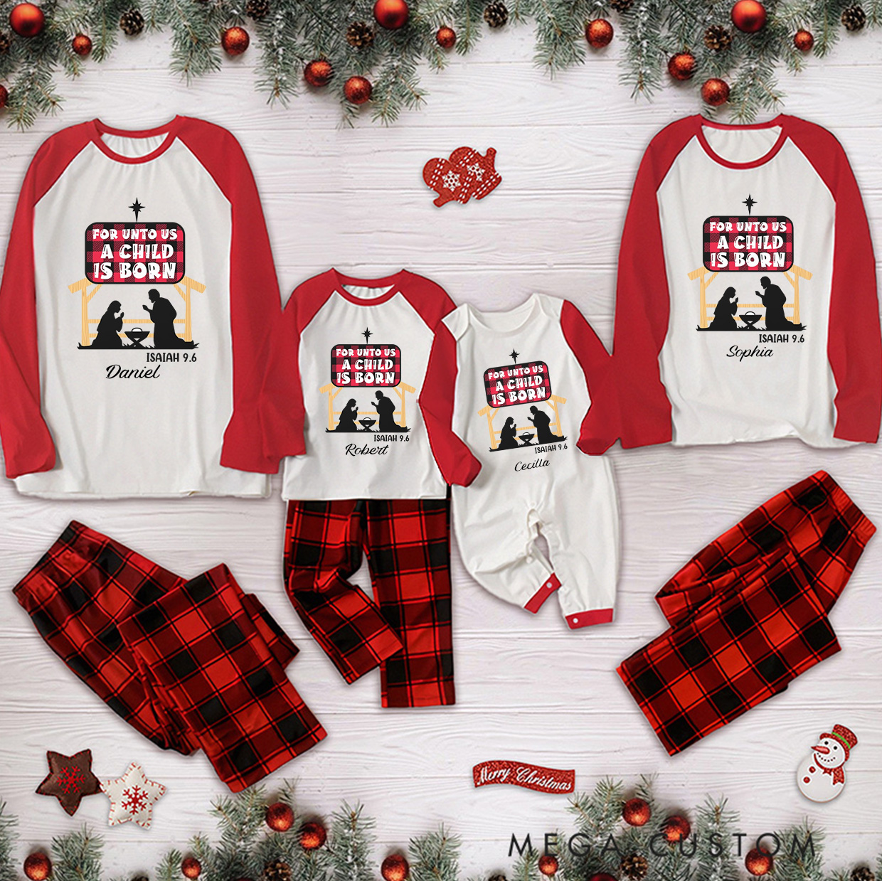Personalized for unto us a Child is Born Isaiah 9:6 Long Sleeve Family Pajama Matching Set with Name Religious Gift Christmas Gift for Family