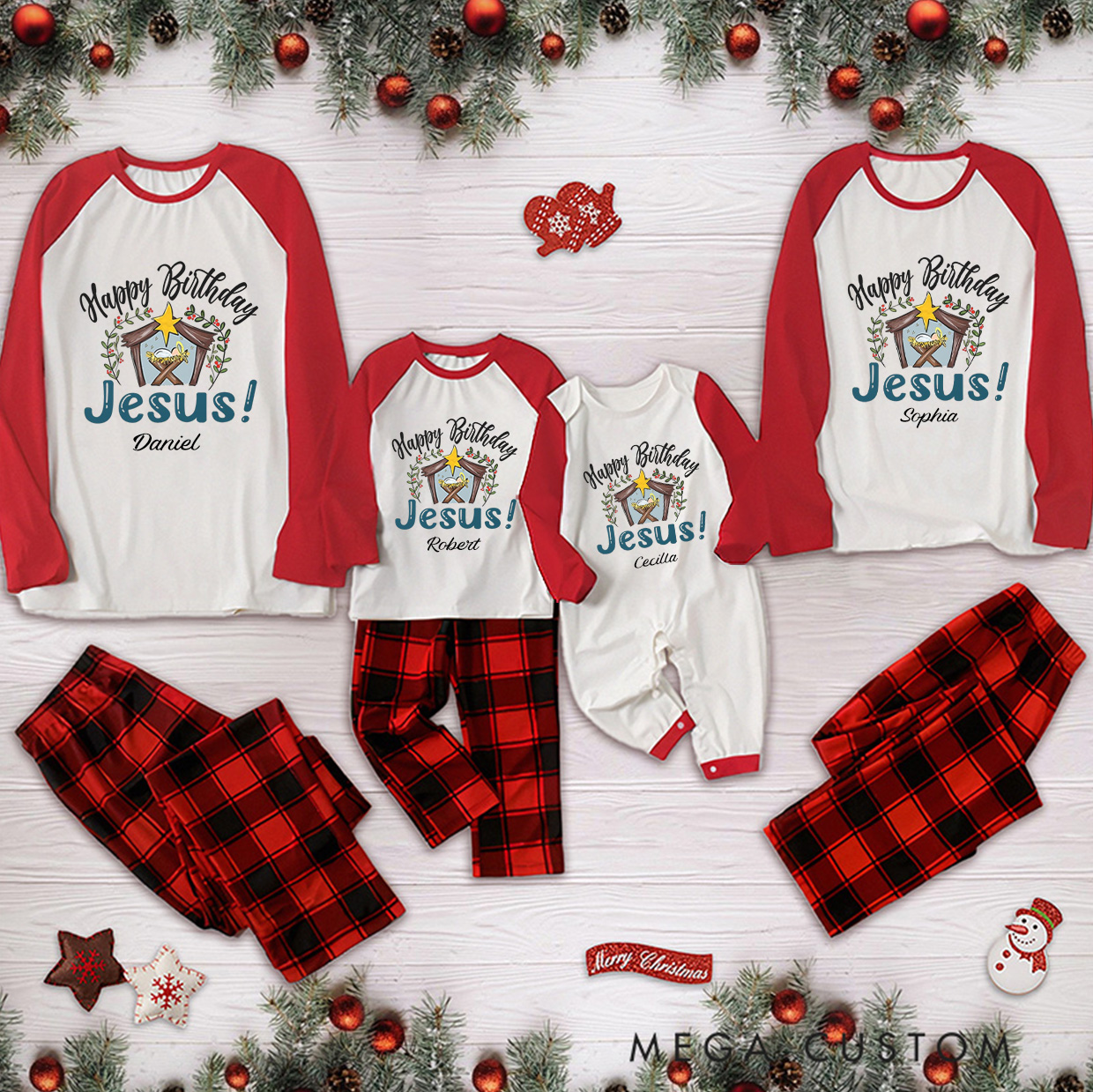 Personalized Happy Birthday Jesus Long Sleeve Family Pajama Matching Set with Name Religious Gift Christmas Gift for Family