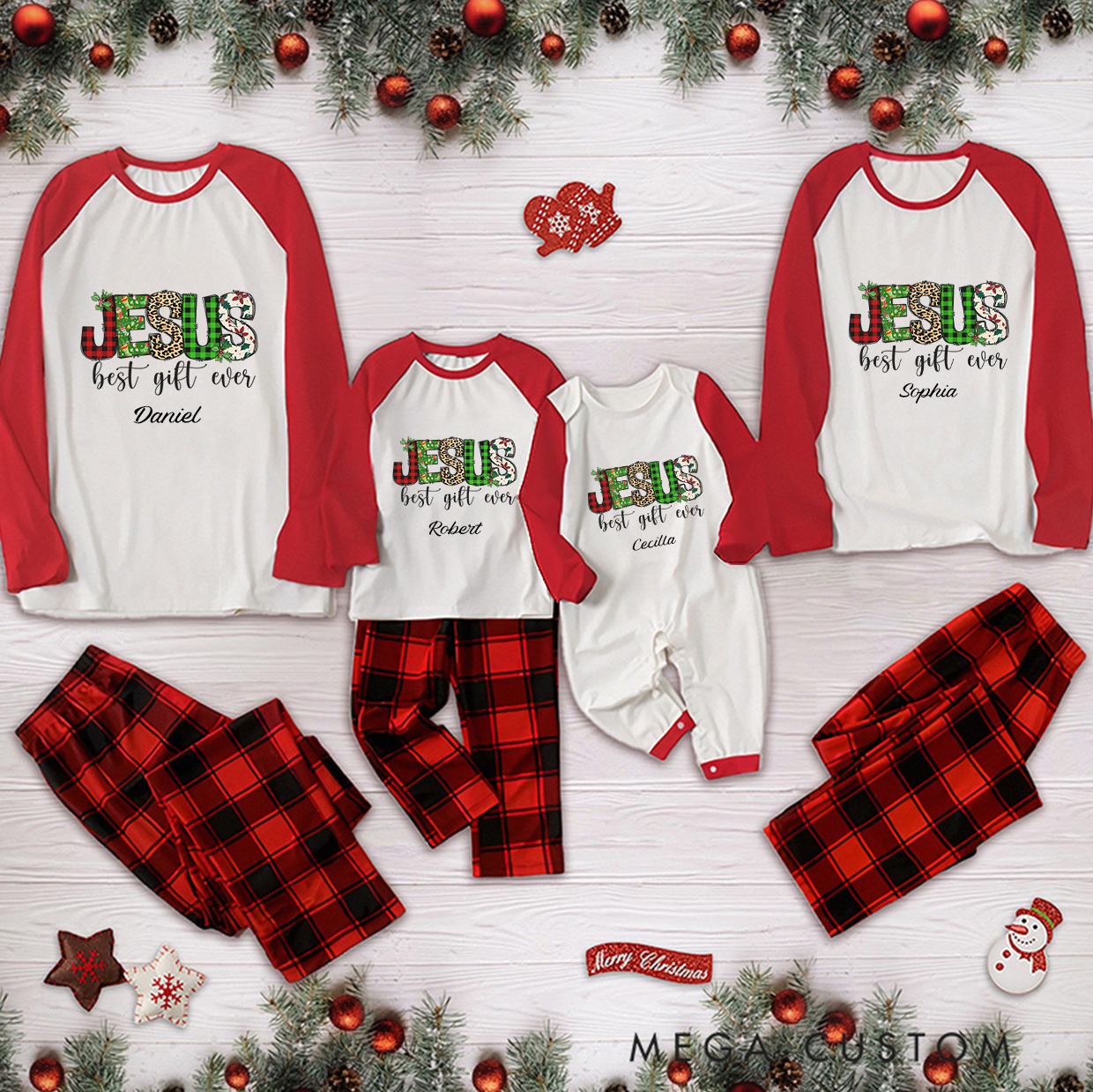 Personalized Jesus Best Gift ever Buffalo Plaid Leopard Long Sleeve Family Pajama Matching Set with Name Religious Gift Christmas Gift for Family