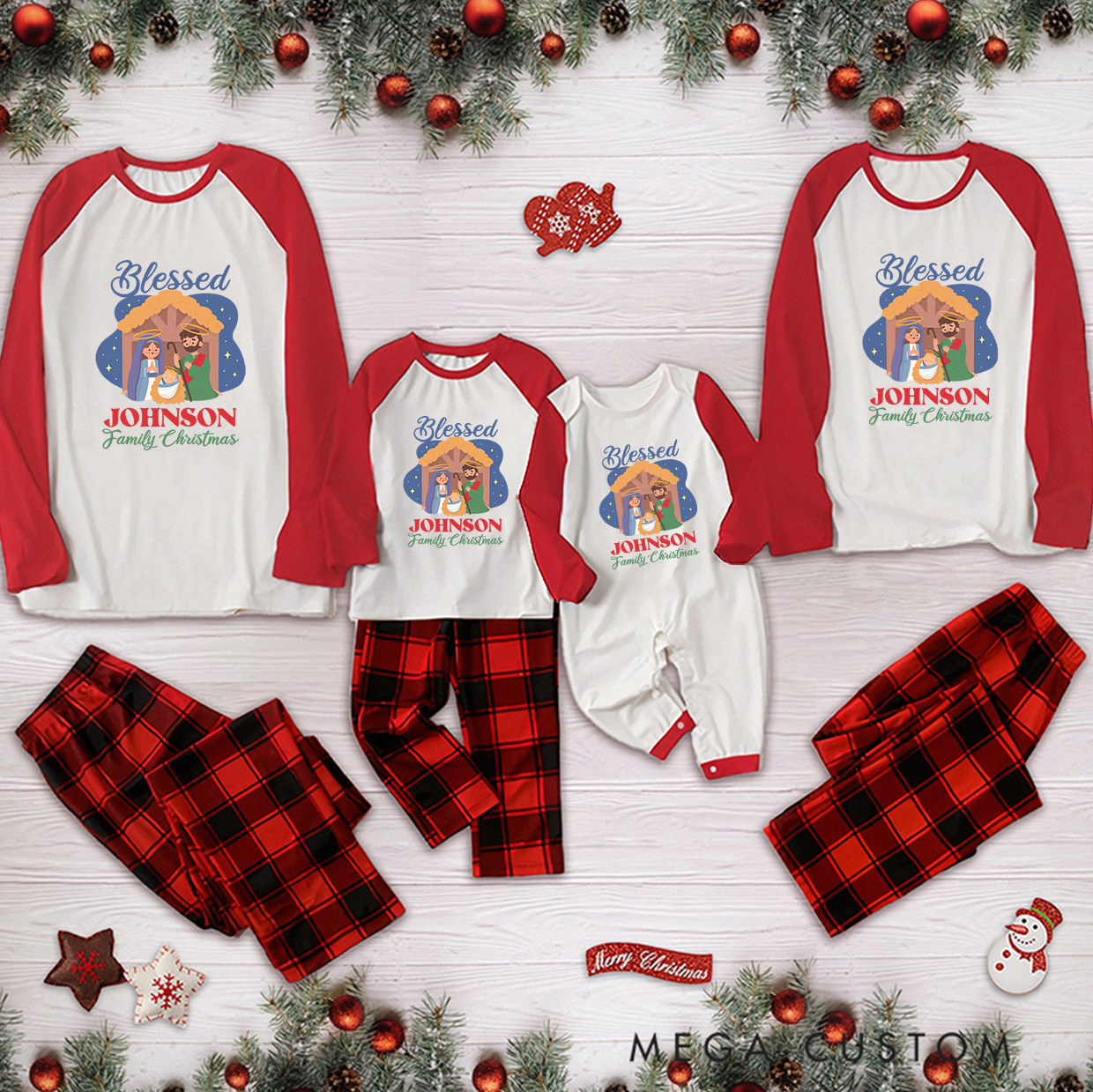Personalized Blessed Nativity Long Sleeve Family Pajama Matching Set with Name Religious Gift Christmas Gift for Family