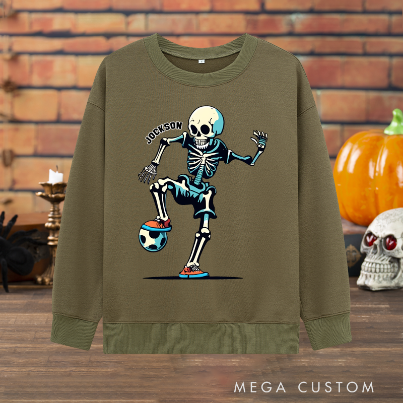 Personalized Halloween Soccer Sweatshirt with Skeleton Player and Custom Name Design