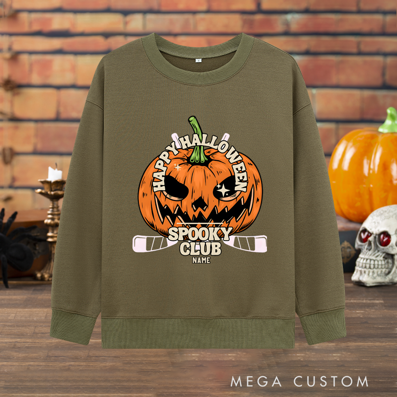 Personalized Halloween Pumpkin Sweatshirt with Spooky Club Theme and Custom Name Design