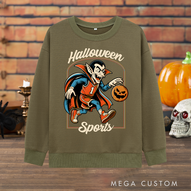 Personalized Halloween Sports Basketball Sweatshirt with Vampire Player, Pumpkin Ball, and Custom Number Design
