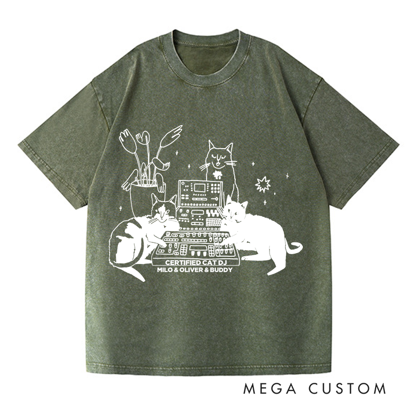 Personalized  Washed T-Shirts with Cat Sitting on Synthesizer and DJ Cat Illustration and Available in Multiple Colors