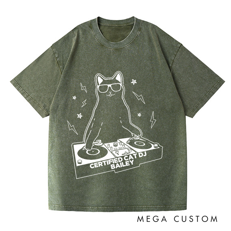 Personalized  Washed T-Shirts Funny Cat DJ Turntable T-Shirt