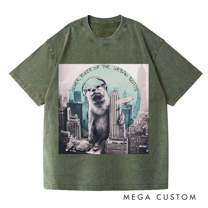 Personalized  Washed T-Shirts Funny Otter DJ Skyline Design and Unique Otter DJ Music Lover T-Shirt