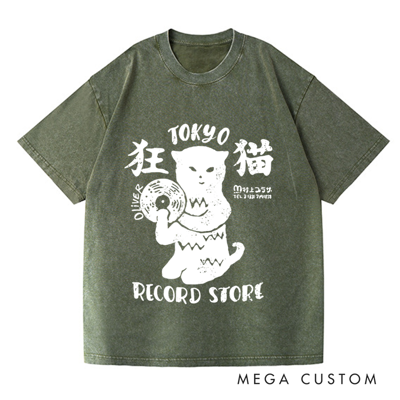 Personalized Washed T-Shirts Tokyo Record Store T-Shirt Vinyl Record Player Cool Vintage Rock Tee DJ Graphic Melting Band Music Tee