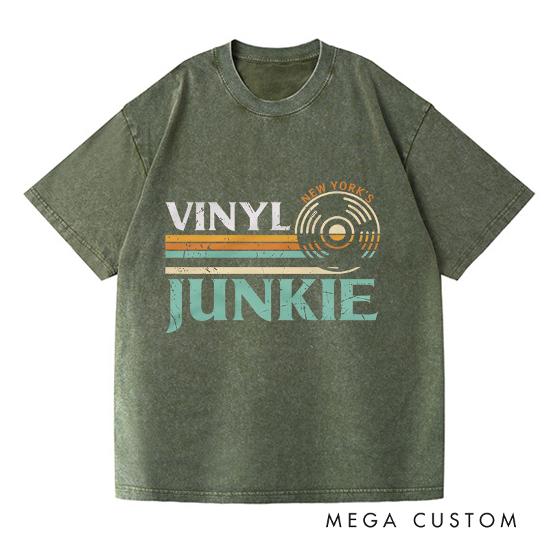 Personalized Washed T-Shirts Vinyl Junkie T-shirt Music Lovers LP Records DJ Turntable Vintage Design Tee Music Collector Gift