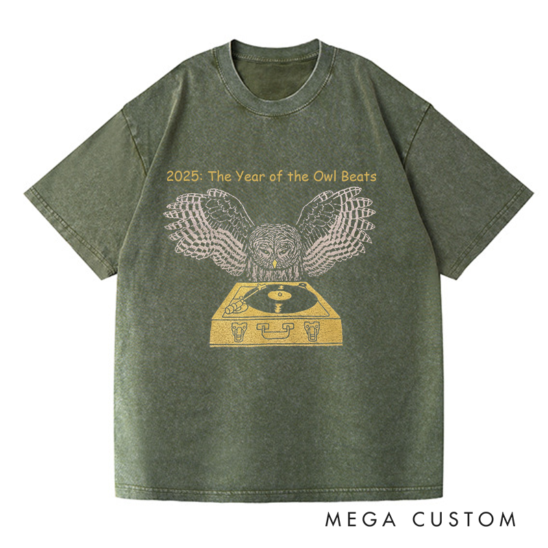 Personalized Washed T-Shirts DJ Owl Record Bird Feathers Retro Spinning Chartreuse Turntable Awesome Music T-Shirt