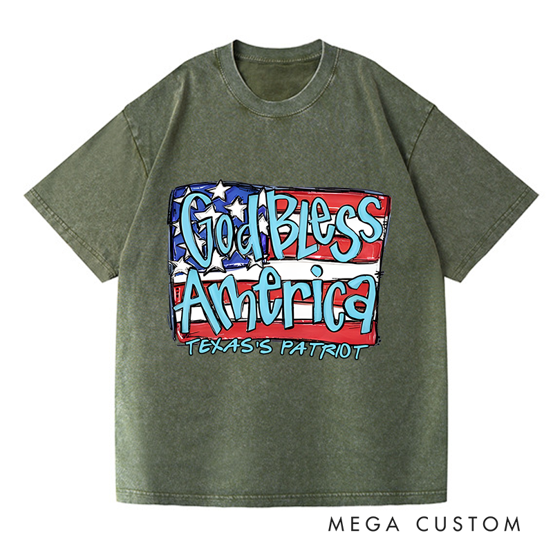 Personalized Washed T-Shirts God Bless America Patriotic and Red White and Blue American Flag T-Shirt