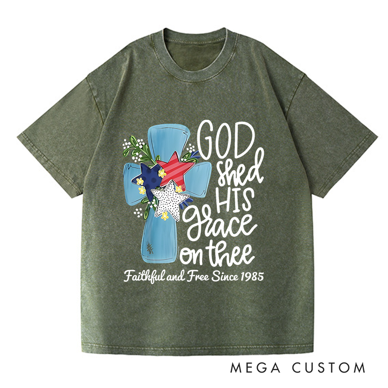 Personalized Washed T-Shirts God Shed His Grace on Thee Patriotic Cross T-Shirt