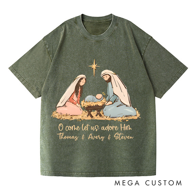 Personalized Washed T-Shirts O Come Let Us Adore Him Nativity Scene Inspirational T-Shirt