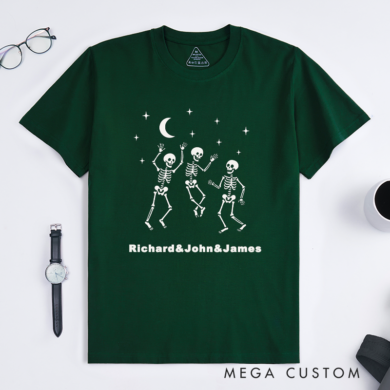 Personalized Dancing Skeletons Halloween T-Shirts Unique Graphic Custom Name Gift for Men Funny Spooky Shirt for Friends and Skeleton Lovers