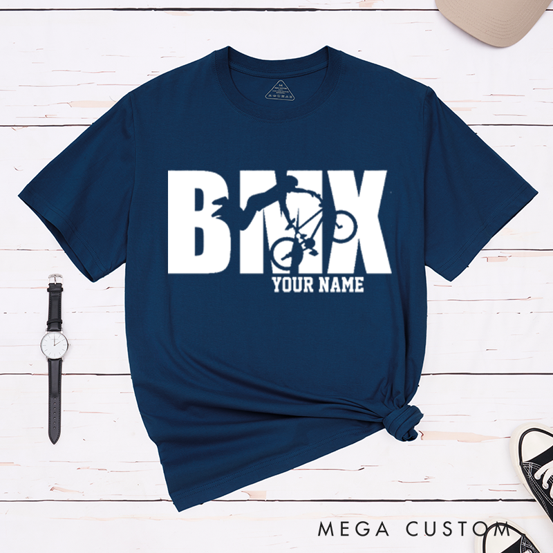 Personalized BMX T-Shirt with a Rider Performing an Awesome Stunt for Outdoor Adventures Riding Cycling Biking Enthusiasts