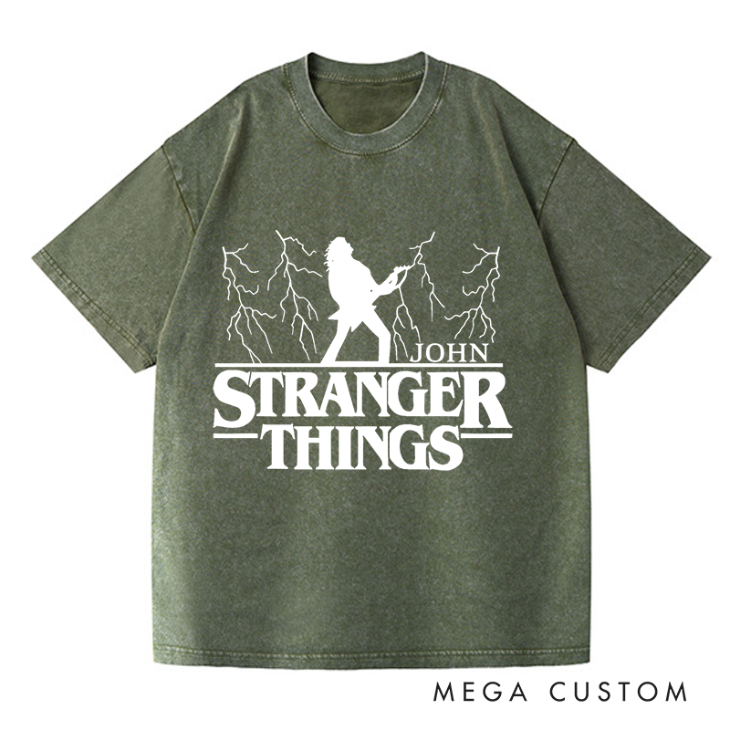Personalized Washed T-Shirts Bold Guitarist and Lightning Unique and Dynamic T-Shirt