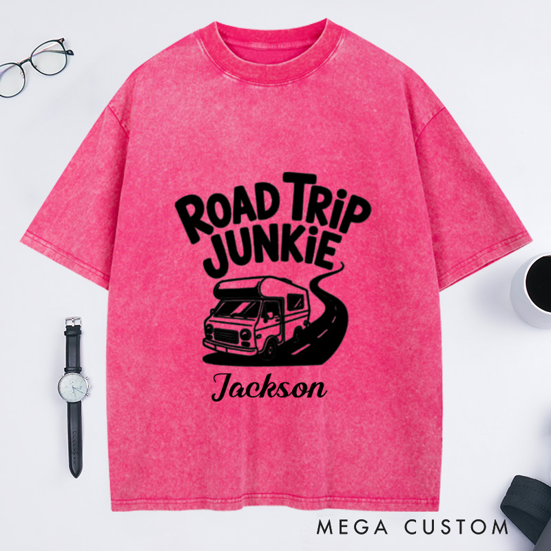Personalized Road Trip Junkie Washed T-Shirt for Traveling Lovers Traveler Gifts Road Trip Tee