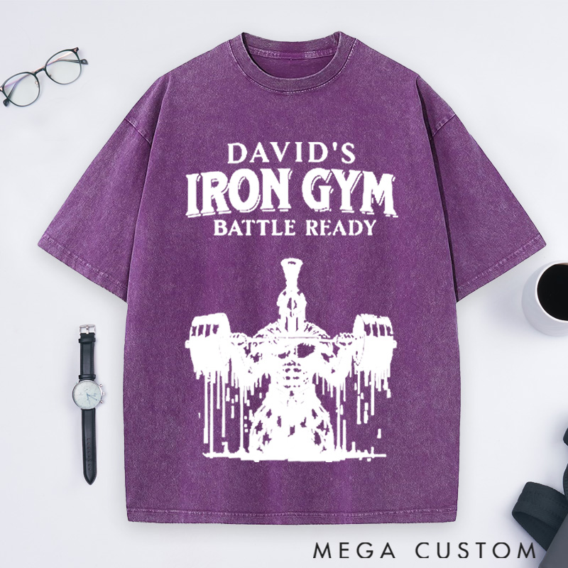 Personalized Gym Washed T-Shirts with Classic Soldier with Barbell Design for Fitness Enthusiasts Bodybuilders and Gym Lovers
