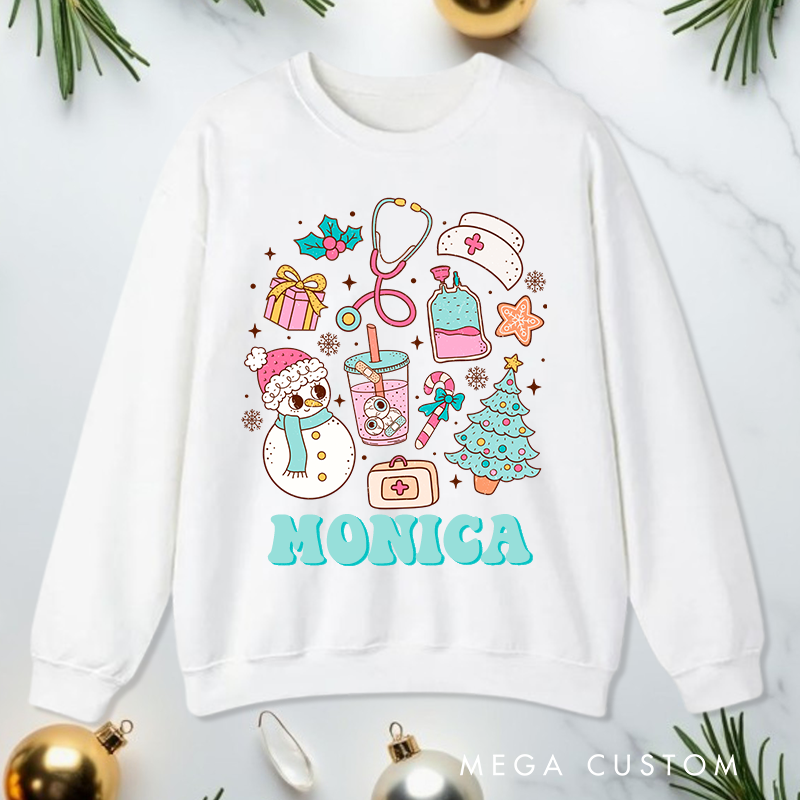 Personalized Nurse Sweatshirt Customized Festive Nurse Icons Design Sweatshirt Nurse Christmas Gifts 