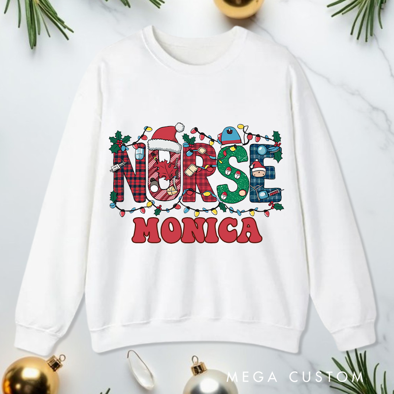 Personalized Nurse Sweatshirt Customized Festive Nurse Christmas Lights Design Sweatshirt Nurse Christmas Gifts 