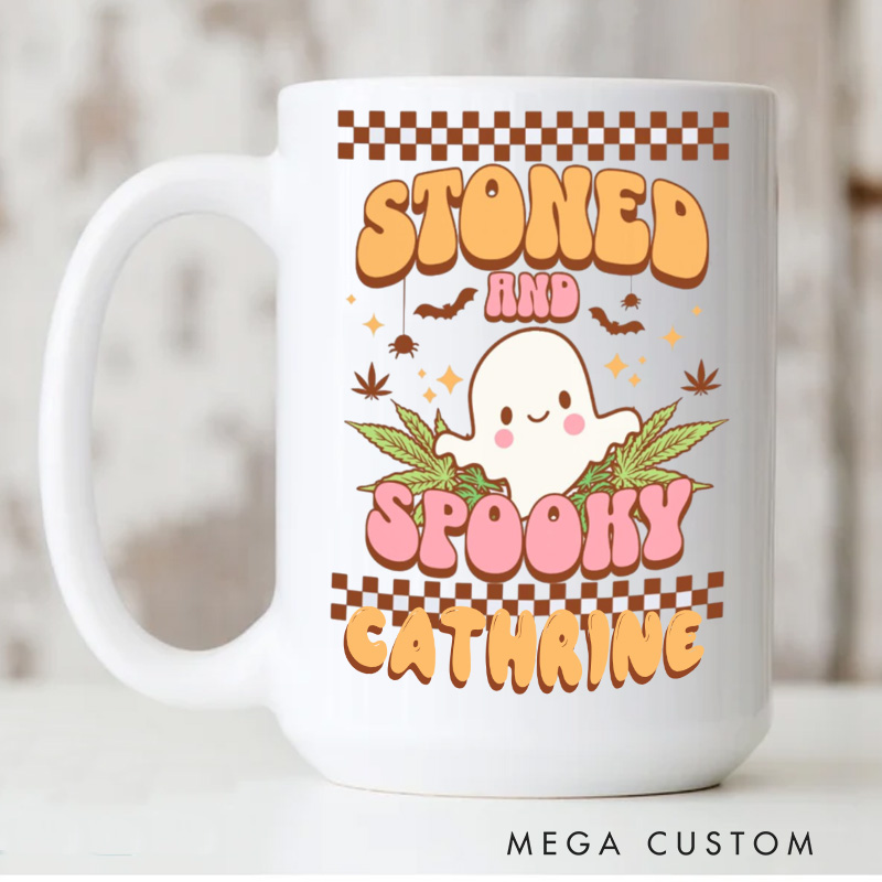 Personalized Stoned and Spooky Mugs Halloween Ceramic Mug with Name Ghost and Pumpkin Coffee Mug for Baking Lover Gift