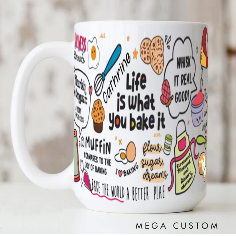 Personalized Life is What you Bake It Mugs Custom Baking Lovers Mug with Name Ceramic Baking Recipe Coffee Mug for Baking Lover Gift