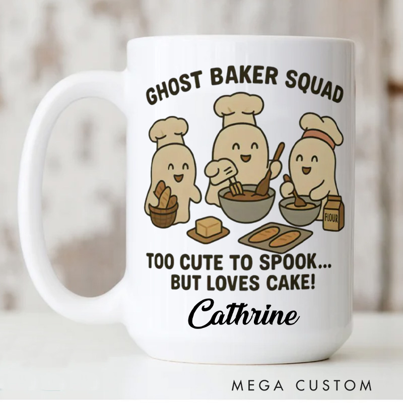 Personalized Ghost Baker Squad Mugs too Cute to Spook Baking Mug with Name Custom Ghost Baker Coffee Cup for Baking Lover Gift