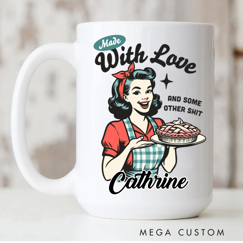 Personalized Made with Love Mugs Retro Pie Maker Coffee Mug with Name Vintage Baker Coffee Cup for Baking Lover Gift