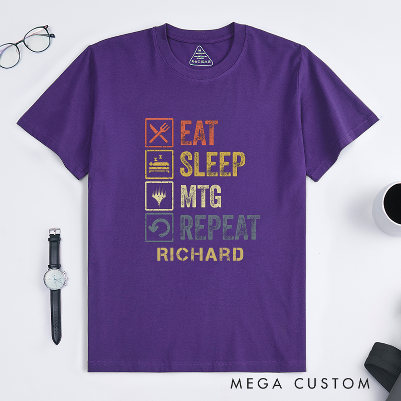 Personalized Eat Sleep MTG Repeat Classic Unisex T Shirts Custom Name Gift for Card Game Fans Unique Casual Tee for Men and Women Magic Players