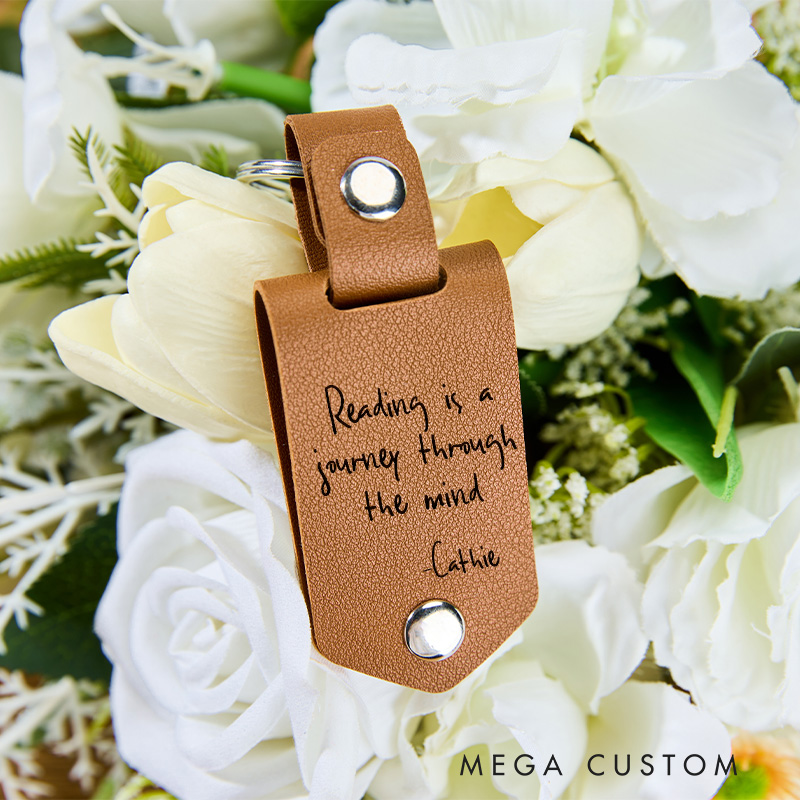 Personalized Reading is a Journey Through the Mind Keychains Engraved Leather Keychain with Name Photo Keychain Reading Lover Gift
