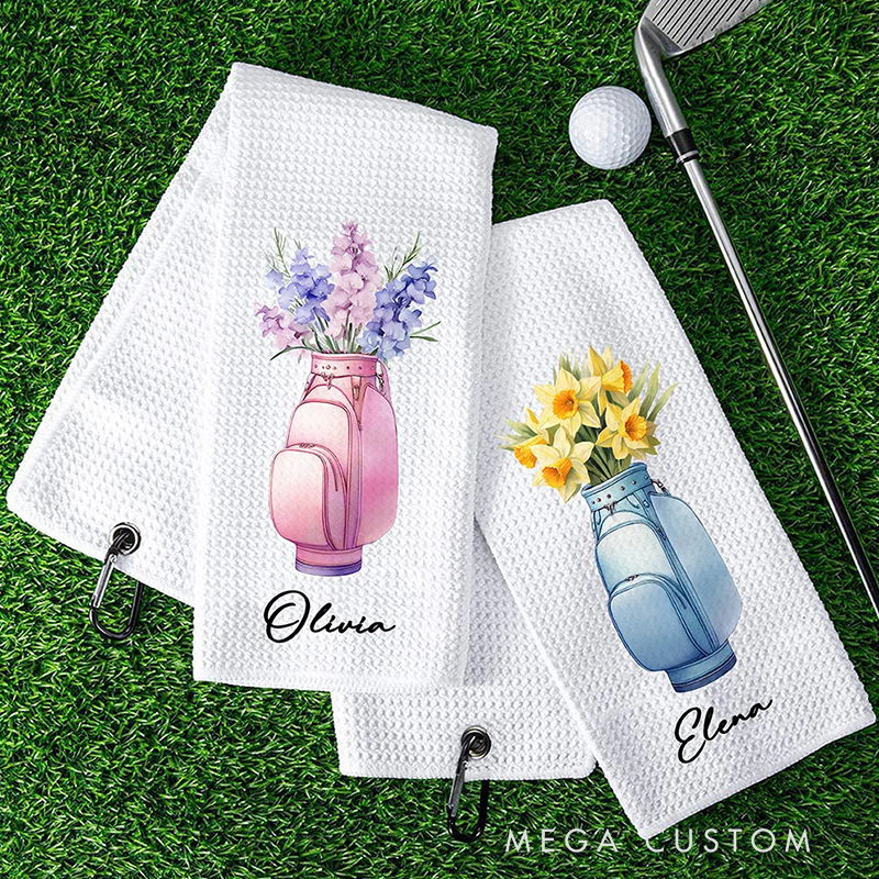 Personalized Golf Towel with Custom Birthday Flower and Name Design  