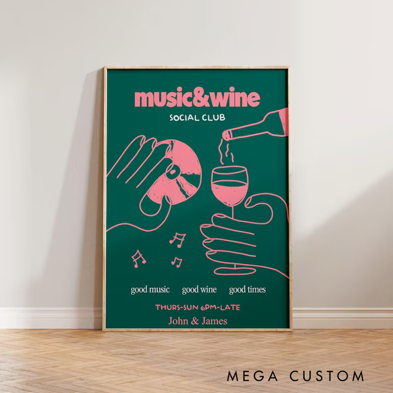 Personalized Music Poster Print Music & Wine Illustration Wall Art Wine Print Without Frame Wall Decor Retro Social Club Poster