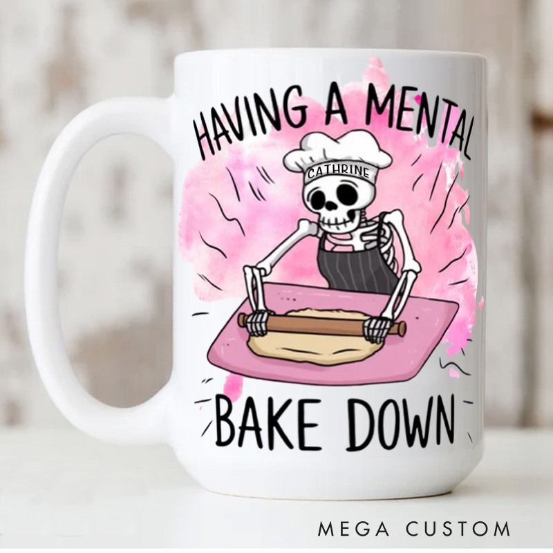 Personalized Having a Mental Bake Down Mugs Custom Halloween Skeleton Baking Cup with Name Baker Coffee Mug for Baking Lover Gift