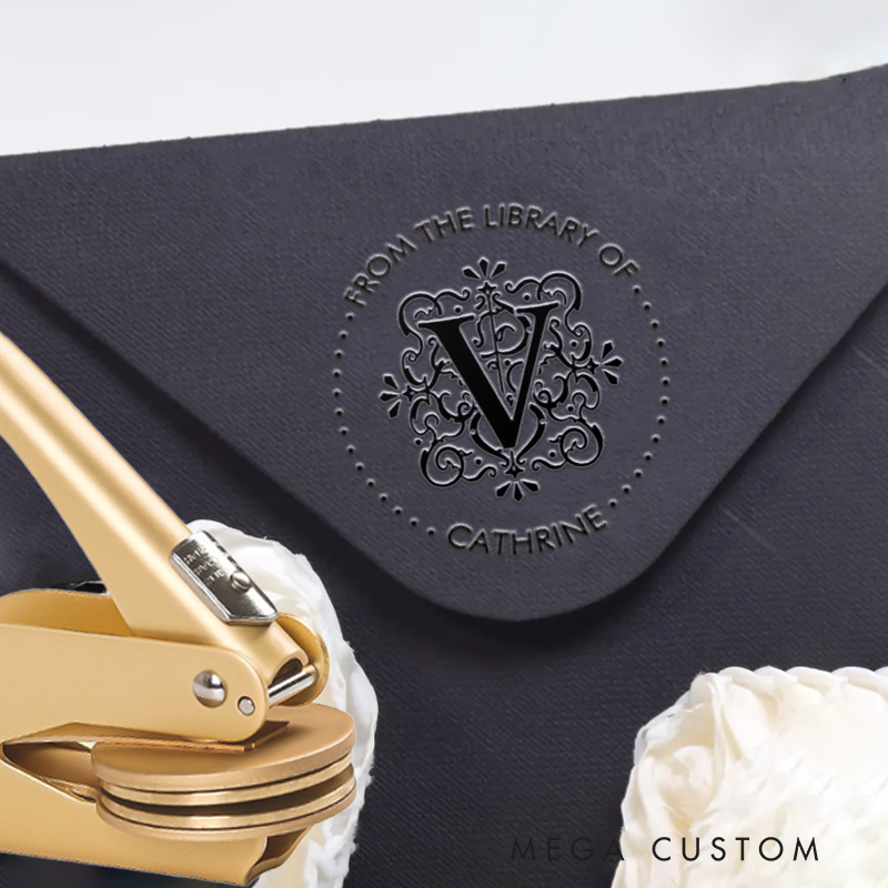 Personalized Gothic Monogram Hand Held Book Embosser Stamp Envelope Library Stamp with Initial and Text Birthday Gift for Book Lovers Reading Gift
