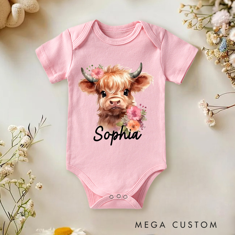 Personalized Flower Highland Cow Baby Onesie with Name Birthday Christmas Gift for Highland Cow Lover