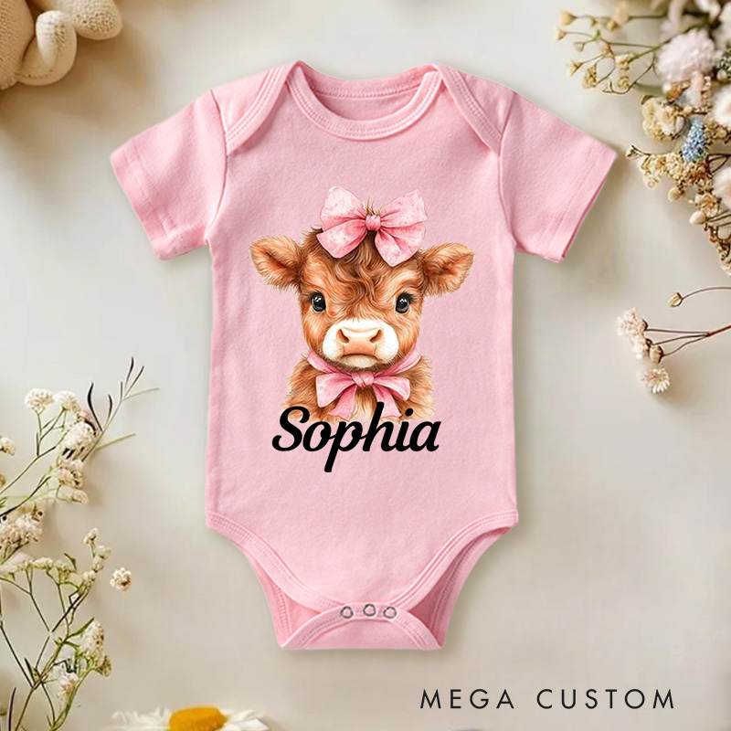 Personalized Flower Highland Cow Baby Onesie with Name Birthday Christmas Gifts for Highland Cow Lover