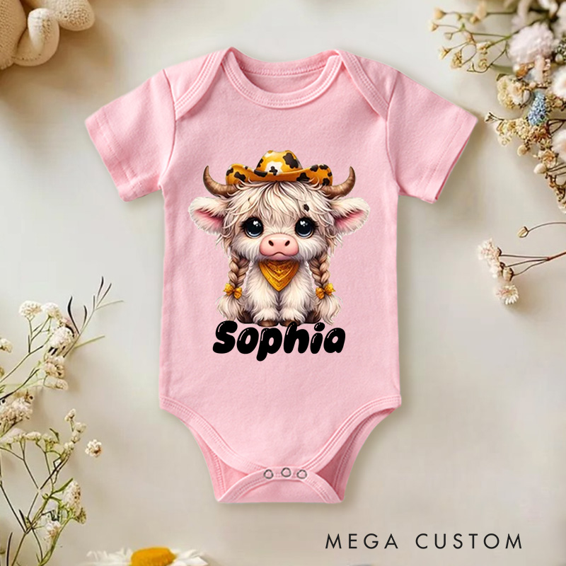 Personalized Flower Highland Cow Baby Onesie with Name Birthday Gifts for Highland Cow Lover