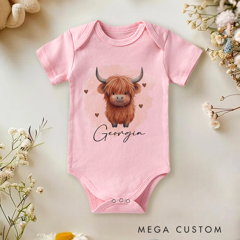 Personalized Highland Cow Baby Onesie with Name Birthday Gift for Highland Cow Lover