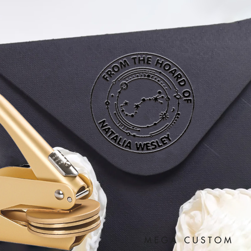 Personalized Zodiac Embosser Stamp Hand Held Embosser Set with Text and Name Birthday Gift for Book Lovers